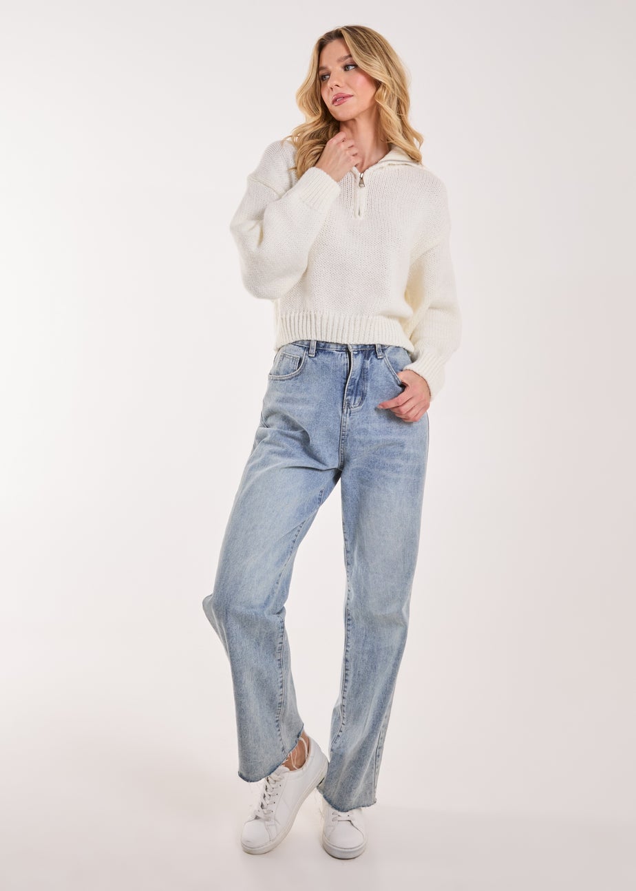 Pink Vanilla Ivory Zip Up Collar Knit Cropped Jumper