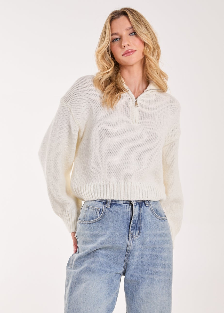 Pink Vanilla Ivory Zip Up Collar Knit Cropped Jumper
