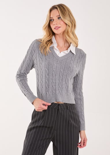 Pink Vanilla Grey Knitted Jumper with Shirt Detail