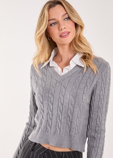 Pink Vanilla Grey Knitted Jumper with Shirt Detail