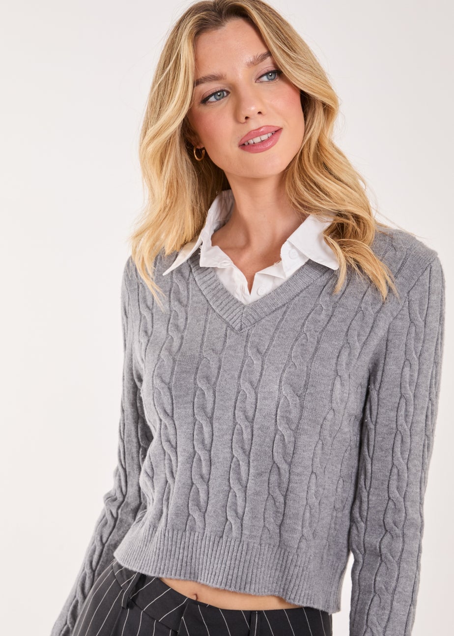 Pink Vanilla Grey Knitted Jumper with Shirt Detail