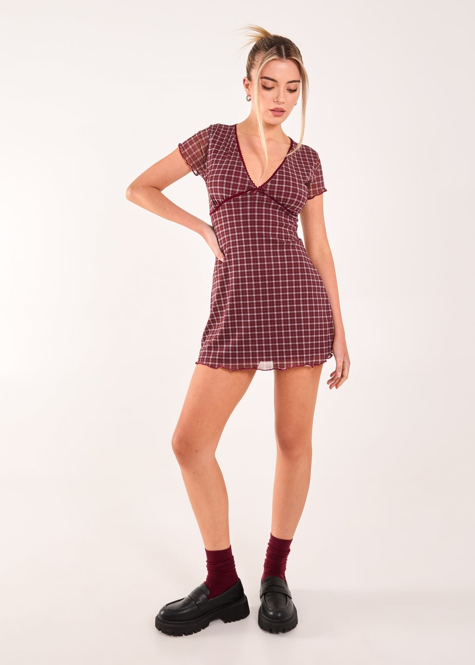 Pink Vanilla Burgundy Check Cap Sleeve Mini Dress