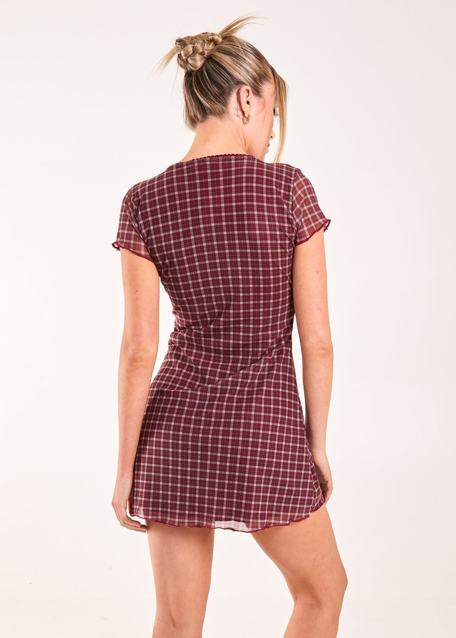 Pink Vanilla Burgundy Check Cap Sleeve Mini Dress