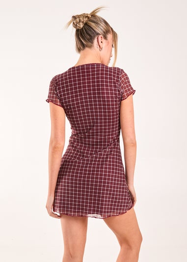Pink Vanilla Burgundy Check Cap Sleeve Mini Dress