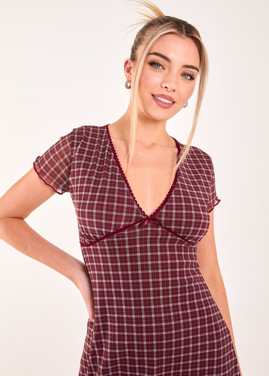 Pink Vanilla Burgundy Check Cap Sleeve Mini Dress