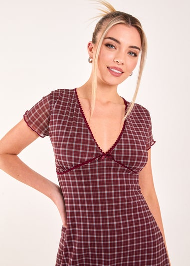 Pink Vanilla Burgundy Check Cap Sleeve Mini Dress