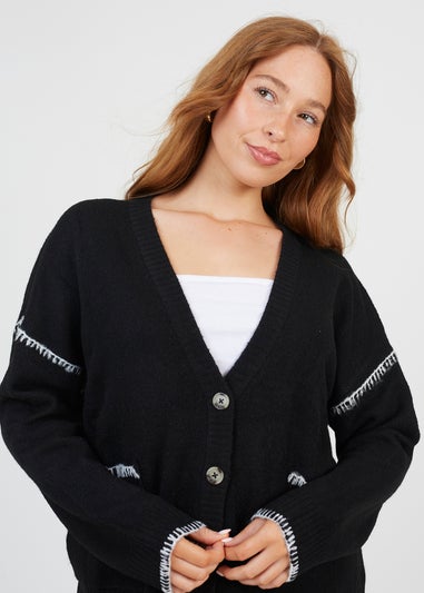 Brave Soul Black Contrast Stitch Button Through V-neck Cardigan