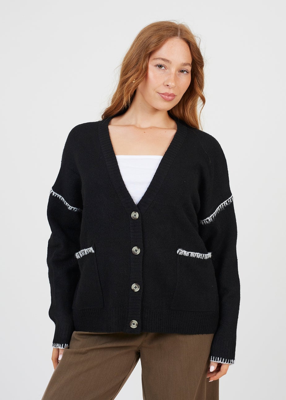 Brave Soul Black Contrast Stitch Button Through V-neck Cardigan