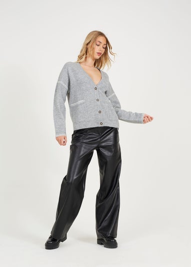 Brave Soul Grey Contrast Stitch Button Through V-neck Cardigan