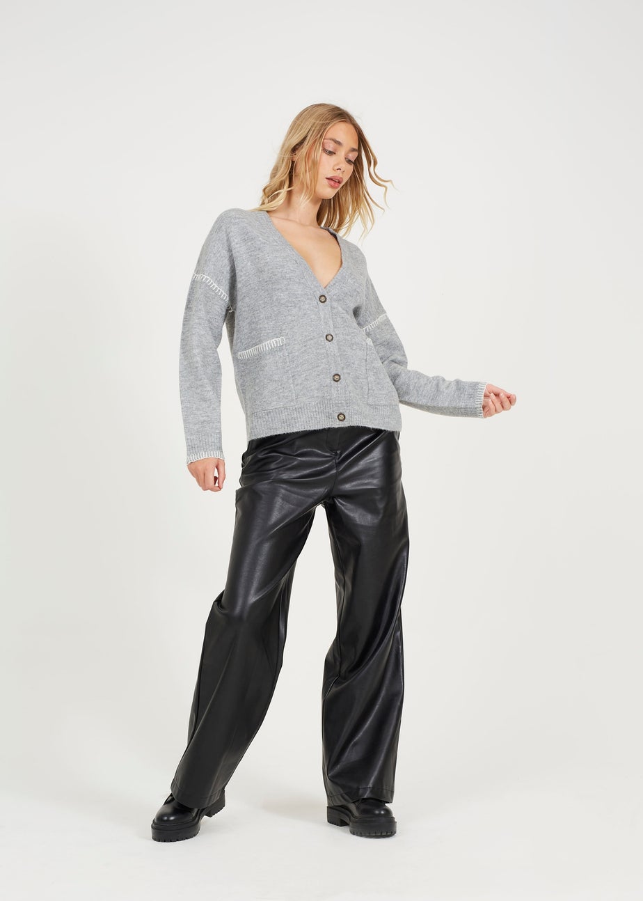 Brave Soul Grey Contrast Stitch Button Through V-neck Cardigan