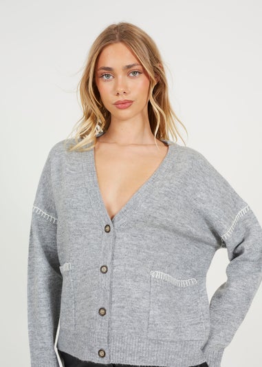 Brave Soul Grey Contrast Stitch Button Through V-neck Cardigan