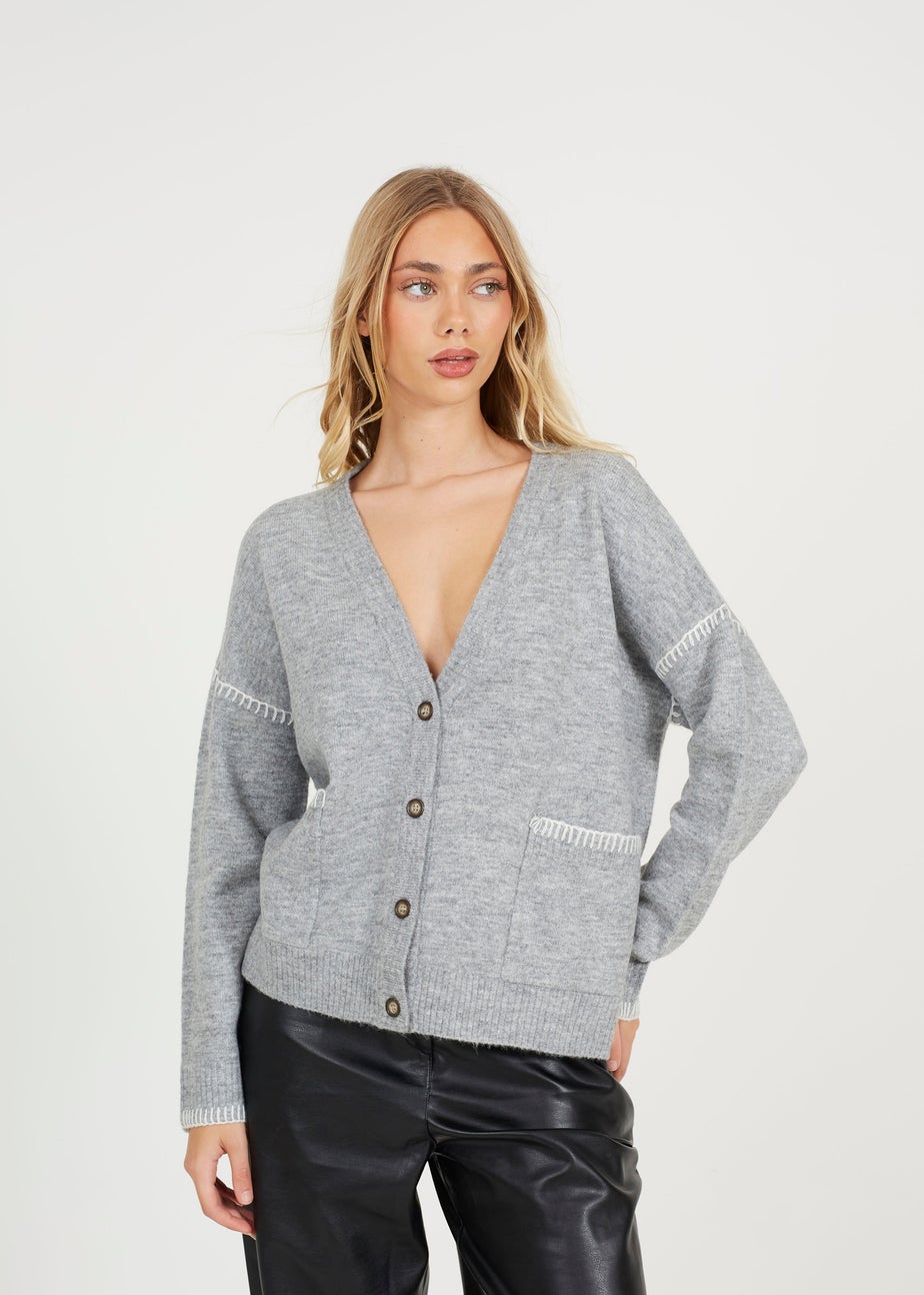 Brave Soul Grey Contrast Stitch Button Through V-neck Cardigan