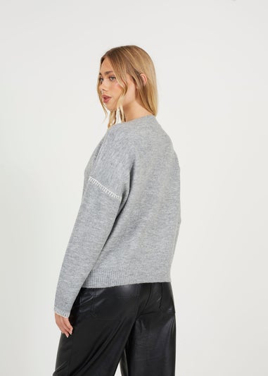 Brave Soul Grey Contrast Stitch Button Through V-neck Cardigan