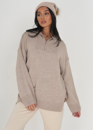 Brave Soul Stone Oversized 1/2 Zip Knitted Jumper