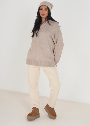 Brave Soul Stone Oversized 1/2 Zip Knitted Jumper