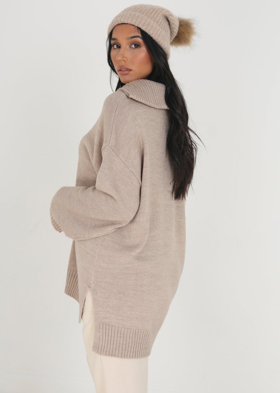 Brave Soul Stone Oversized 1/2 Zip Knitted Jumper