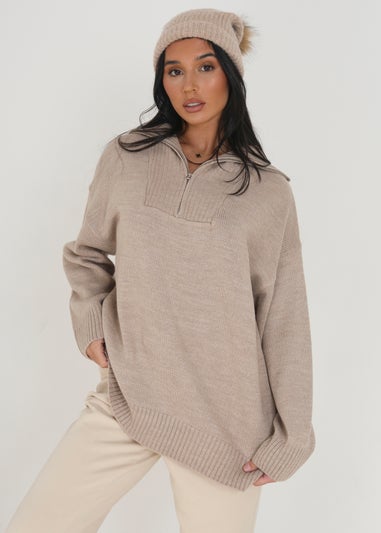 Brave Soul Stone Oversized 1/2 Zip Knitted Jumper