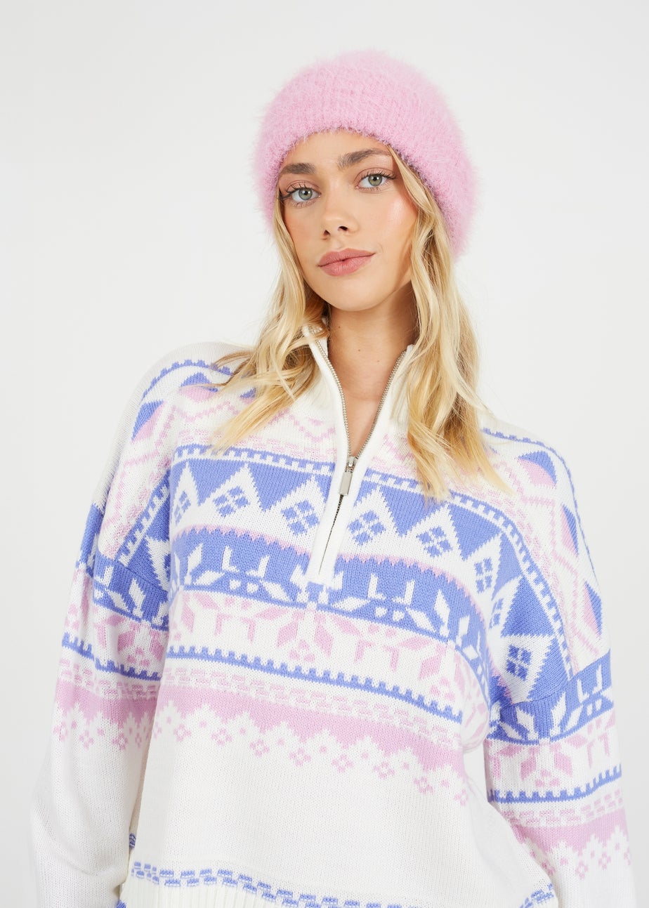 Brave Soul White Fairisle Half Zip Christmas Jumper