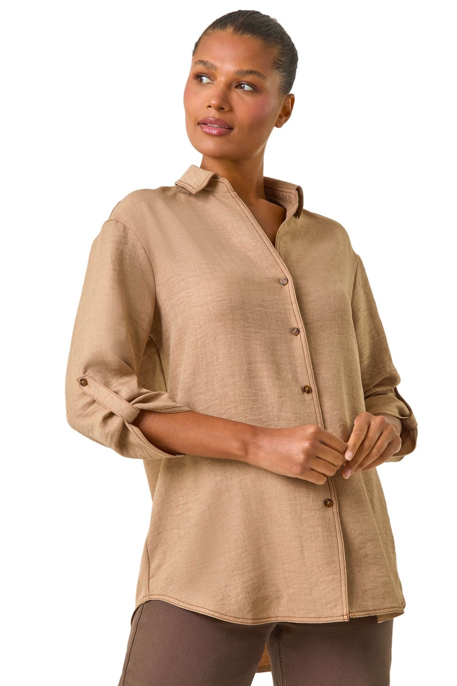 Roman Camel Drop Shoulder Button Detail Shirt