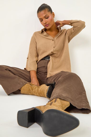 Roman Camel Drop Shoulder Button Detail Shirt