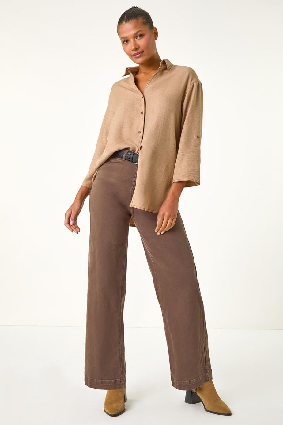 Roman Camel Drop Shoulder Button Detail Shirt