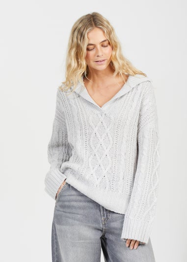 Brave Soul Light Grey V-Neck Cable Knit Jumper