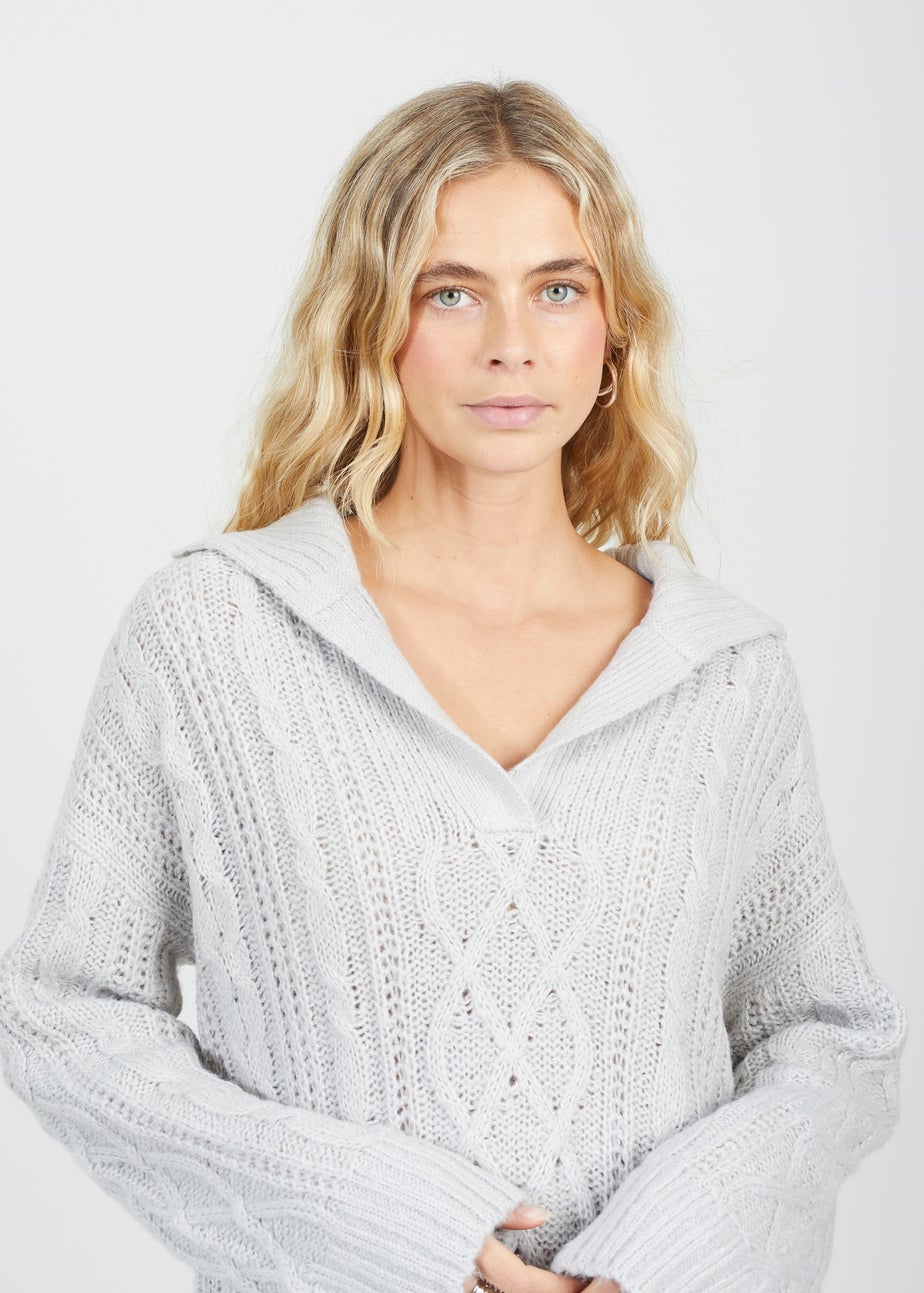 Brave Soul Light Grey V-Neck Cable Knit Jumper