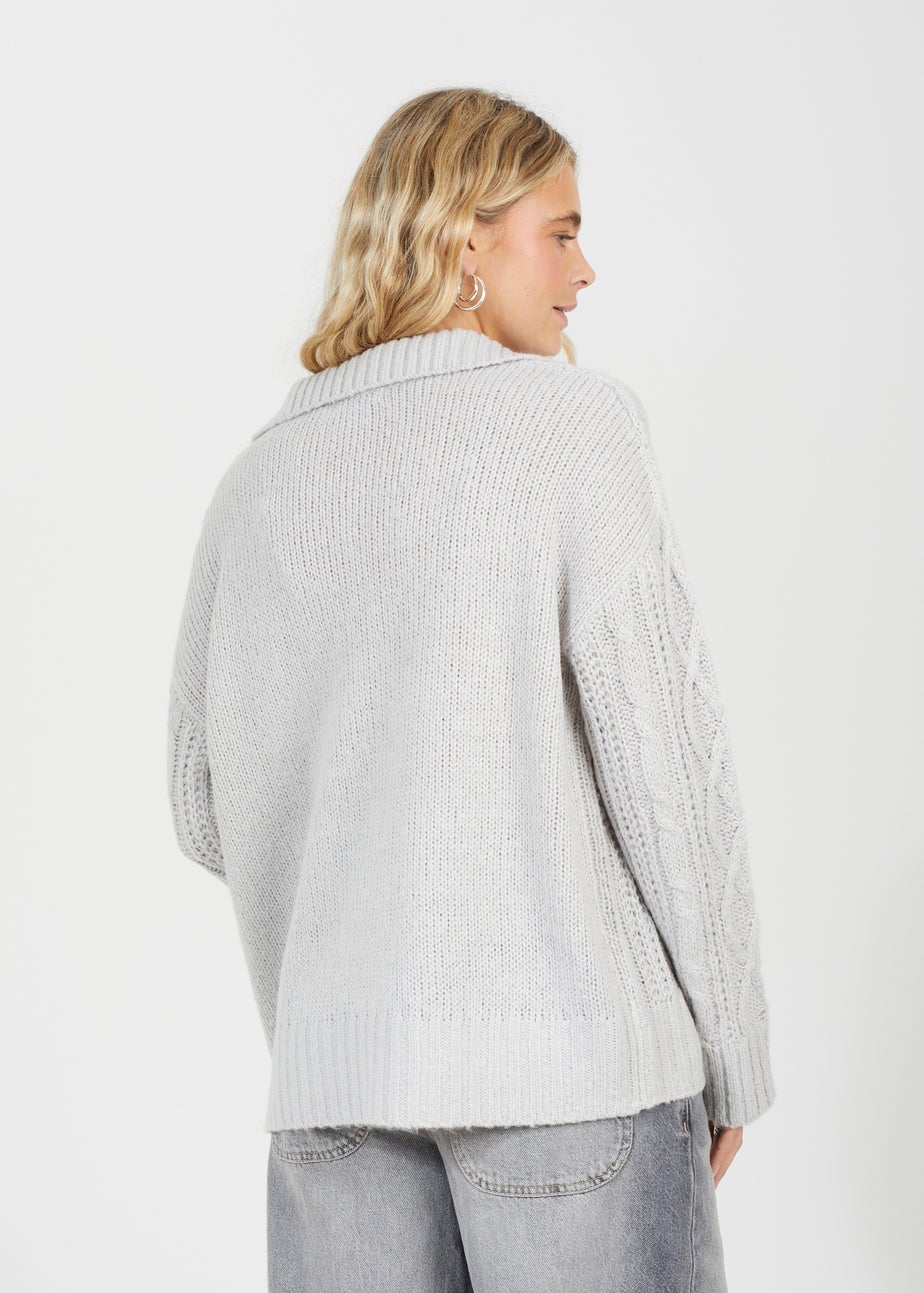 Brave Soul Light Grey V-Neck Cable Knit Jumper