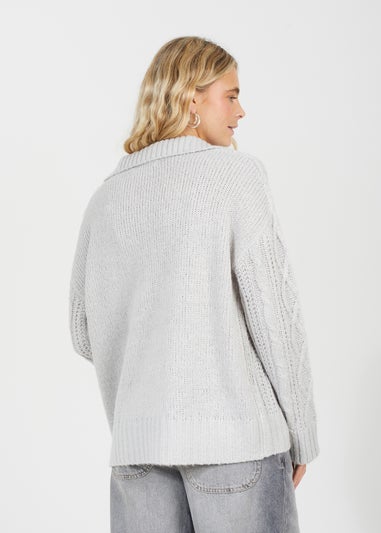 Brave Soul Light Grey V-Neck Cable Knit Jumper