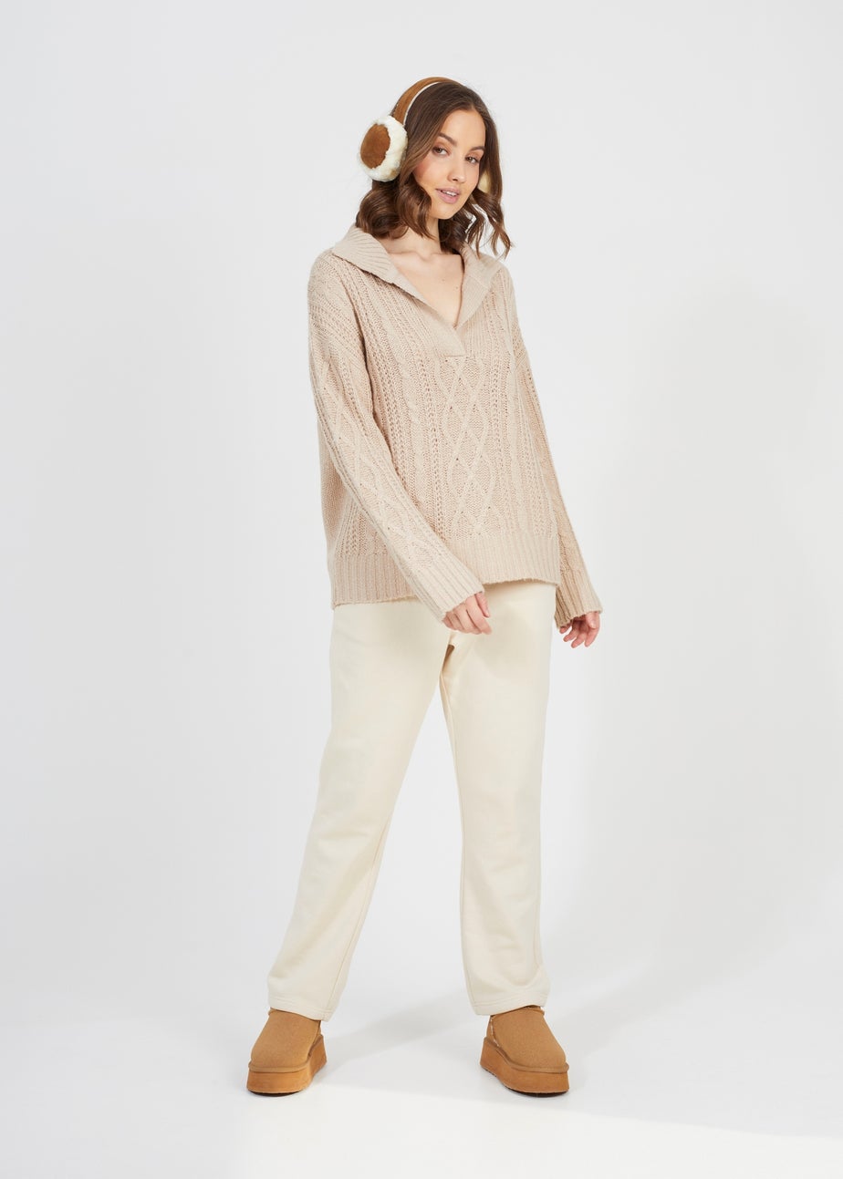 Brave Soul Stone V-Neck Cable Knit Jumper