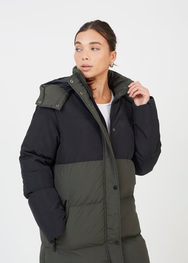 Brave Soul Khaki Colourblock Maxi Hooded Puffer Jacket