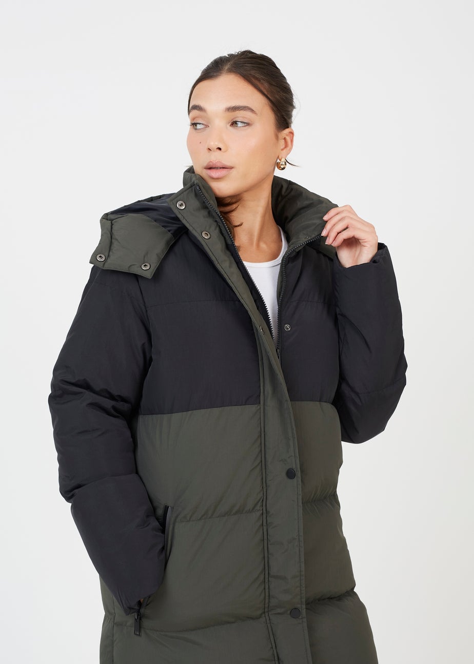 Brave Soul Khaki Colourblock Maxi Hooded Puffer Jacket
