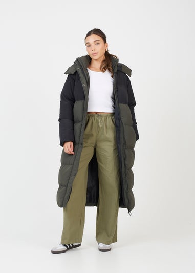 Brave Soul Khaki Colourblock Maxi Hooded Puffer Jacket