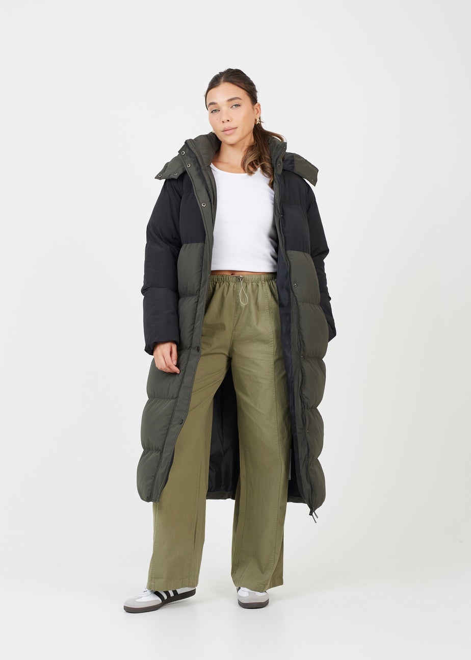 Brave Soul Khaki Colourblock Maxi Hooded Puffer Jacket
