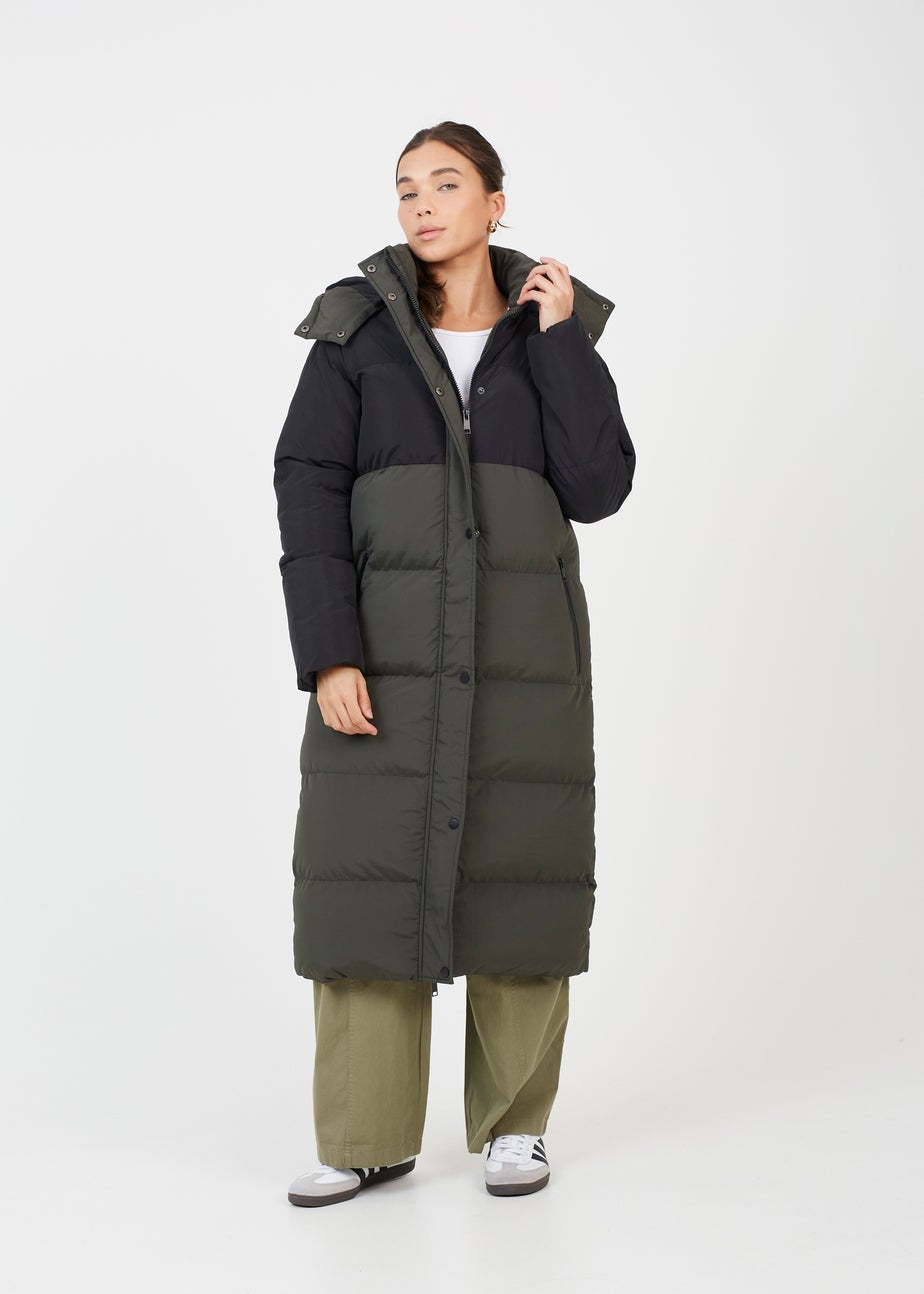 Brave Soul Khaki Colourblock Maxi Hooded Puffer Jacket