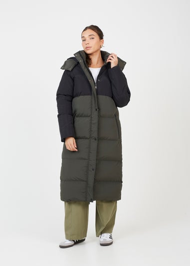 Brave Soul Khaki Colourblock Maxi Hooded Puffer Jacket