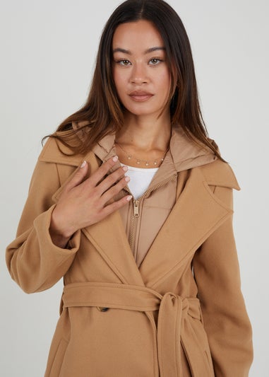 Brave Soul Camel Faux Wool Maxi Hooded Trench Coat
