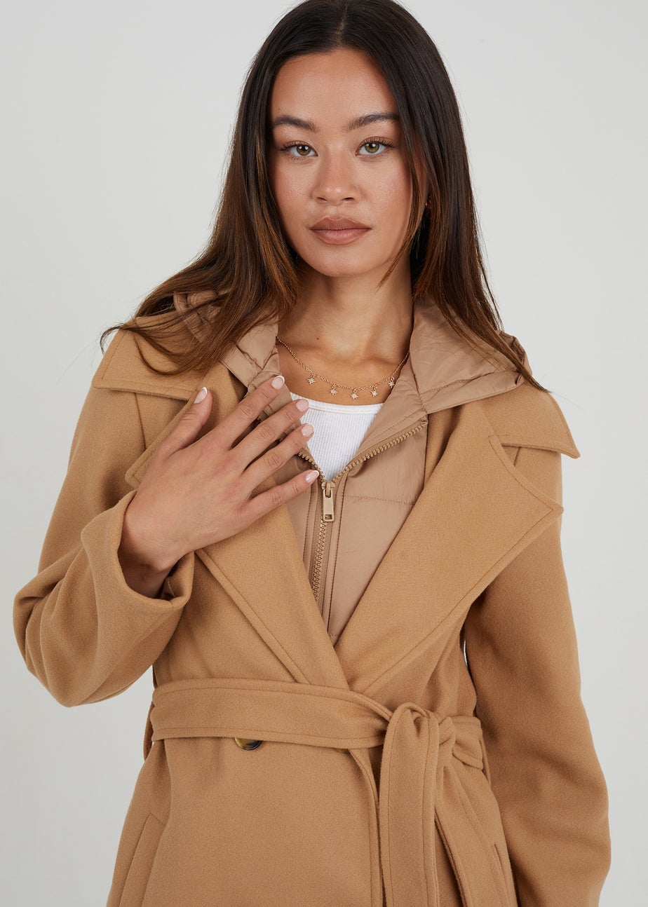 Brave Soul Camel Faux Wool Maxi Hooded Trench Coat