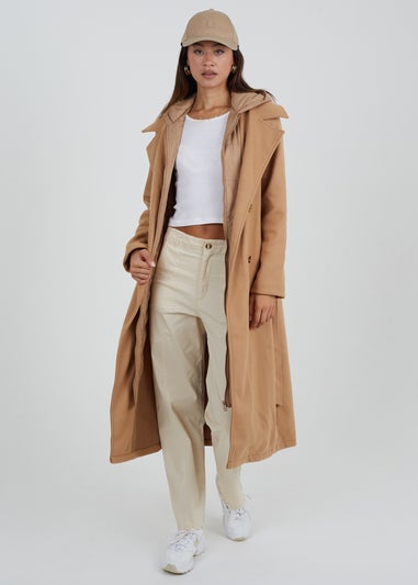 Brave Soul Camel Faux Wool Maxi Hooded Trench Coat