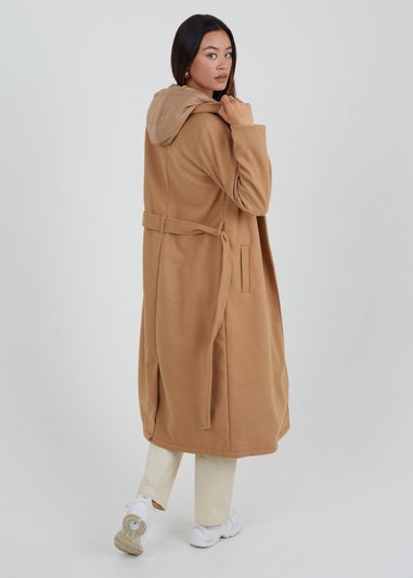 Brave Soul Camel Faux Wool Maxi Hooded Trench Coat