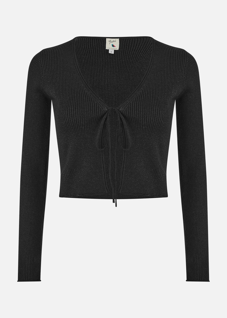 Yumi Black Metallic Knitted Ribbed Tie Front Bolero