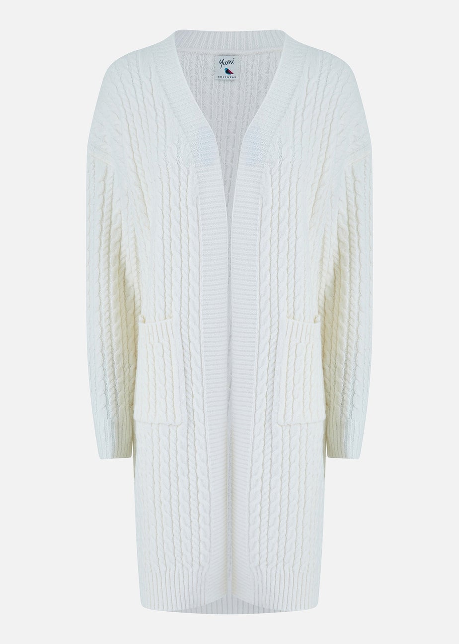 Yumi Ivory Cable Knit Edge to Edge Long Cardigan With Pockets