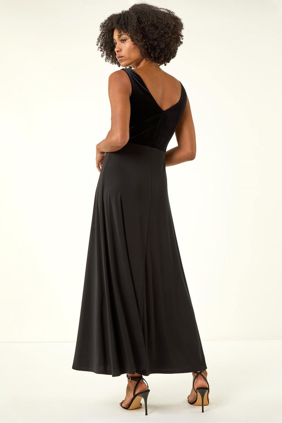 Roman Black Velvet Twist Front Maxi Stretch Dress