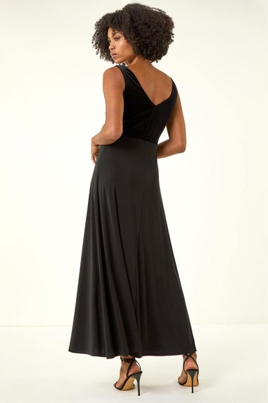 Roman Black Velvet Twist Front Maxi Stretch Dress