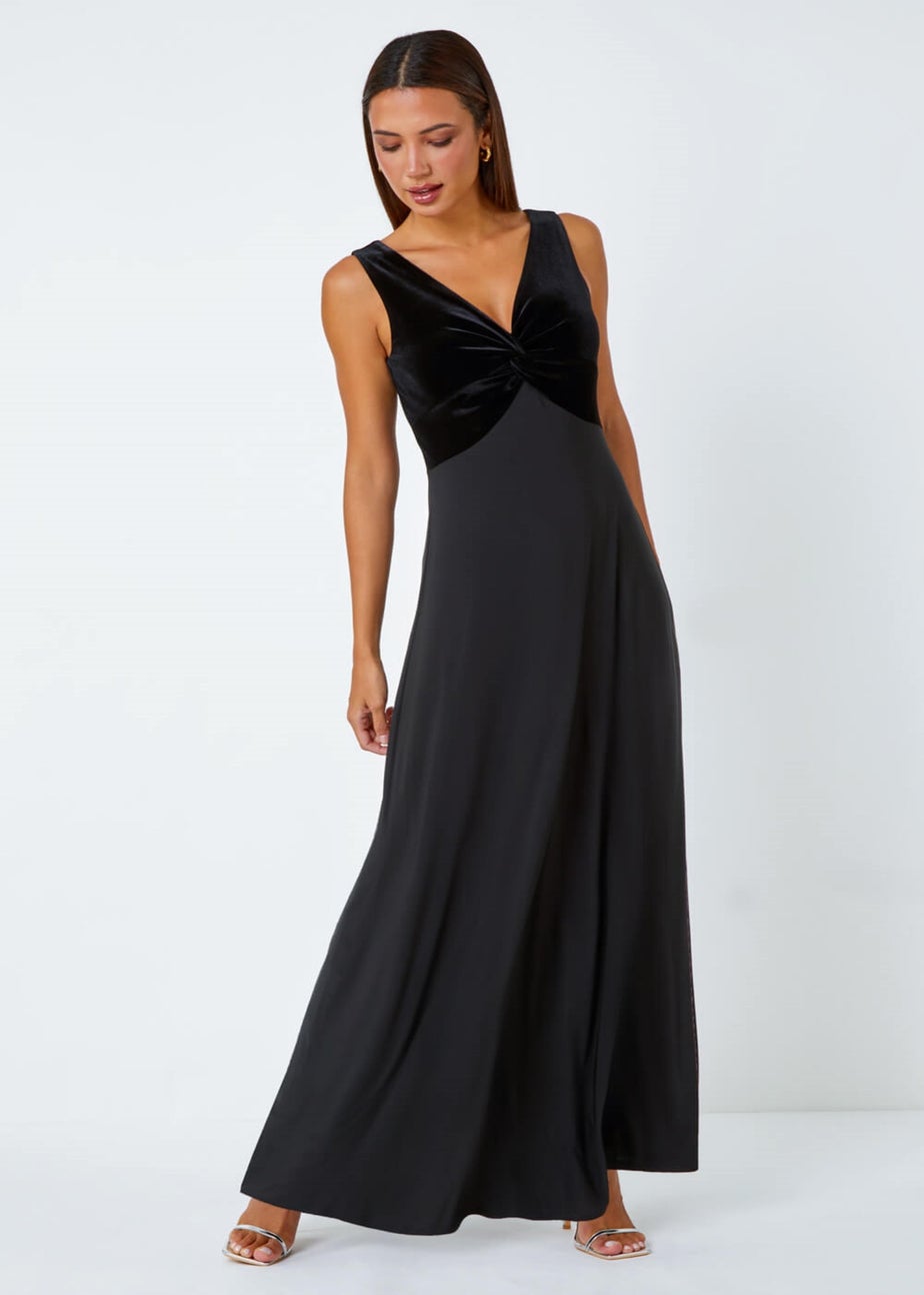 Roman Black Velvet Twist Front Maxi Stretch Dress