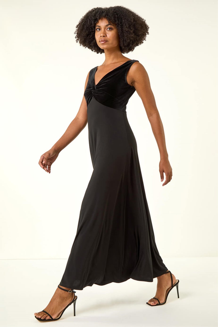 Roman Black Velvet Twist Front Maxi Stretch Dress