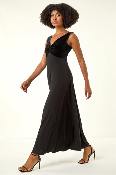 Roman Black Velvet Twist Front Maxi Stretch Dress