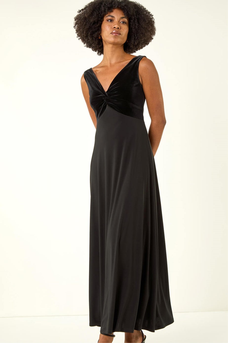 Roman Black Velvet Twist Front Maxi Stretch Dress
