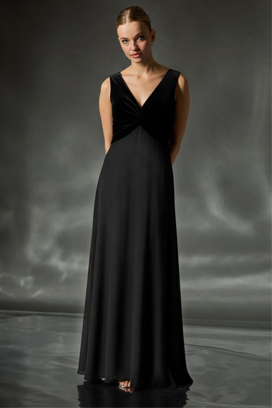 Roman Black Velvet Twist Front Maxi Stretch Dress