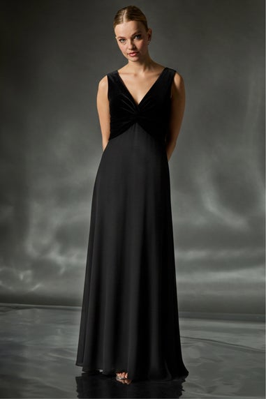 Roman Black Velvet Twist Front Maxi Stretch Dress